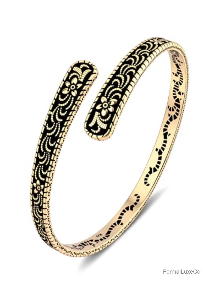 14k Gold Plated Vintage Adjustable Cuff Bracelet With Floral Pattern, Stackable